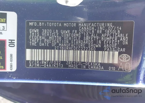 2014 Toyota Corolla L/Le/Le Plus/Le Premium/S/S Plus/S Premium from USA, damaged, VIN 2T1BURHE7ECC22360